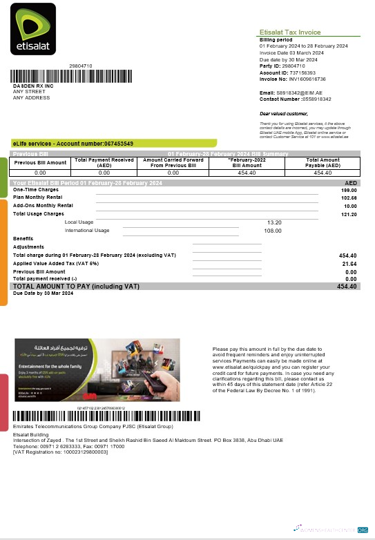 Download UAE Etisalat business utility bill template in Word and PDF formats Photoshop template